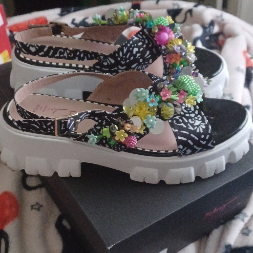 Betsey Johnson Black and White Sandals with Colorful Embellishments